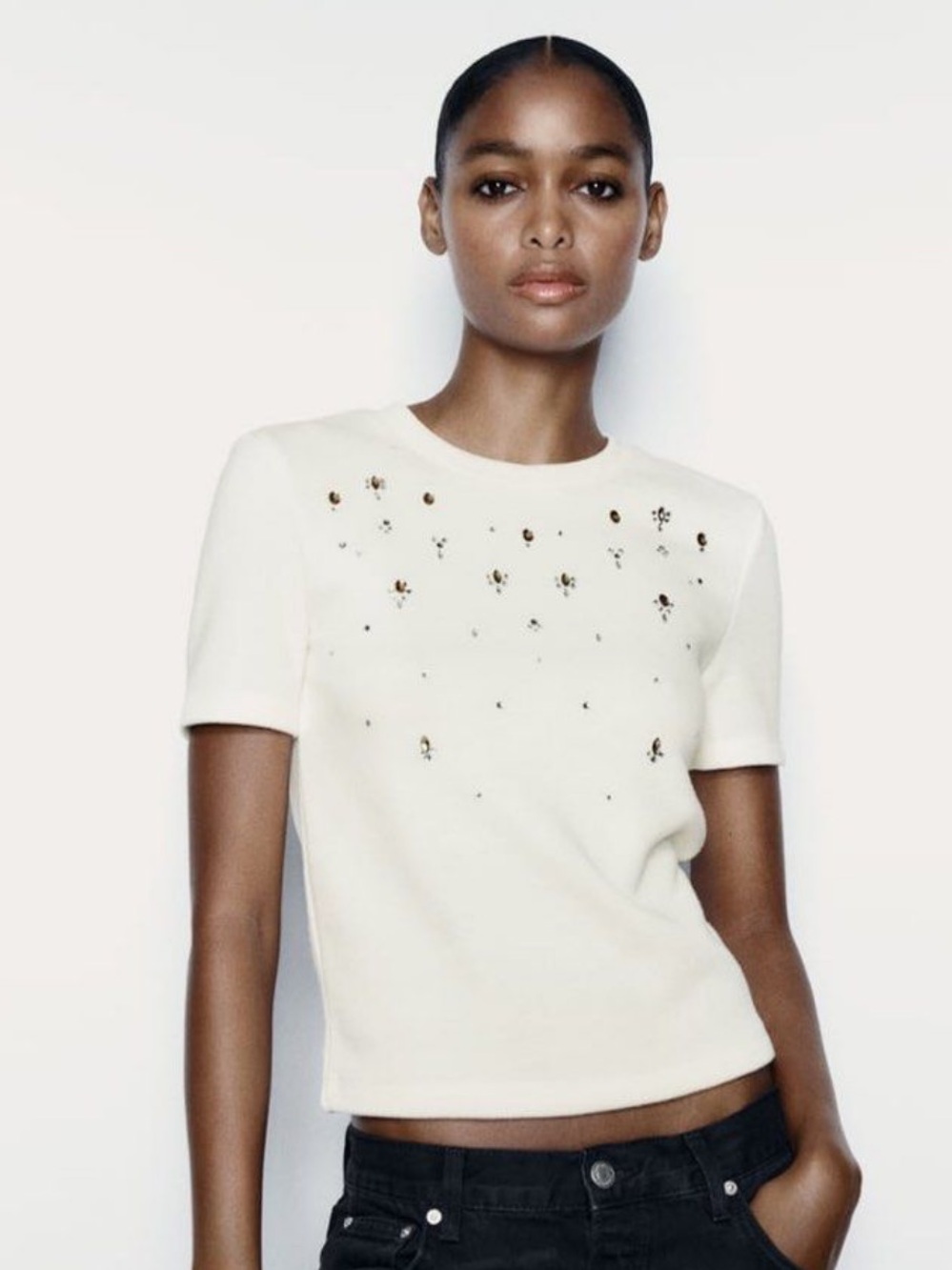 Embellished Cream Short-Sleeve Knit Top